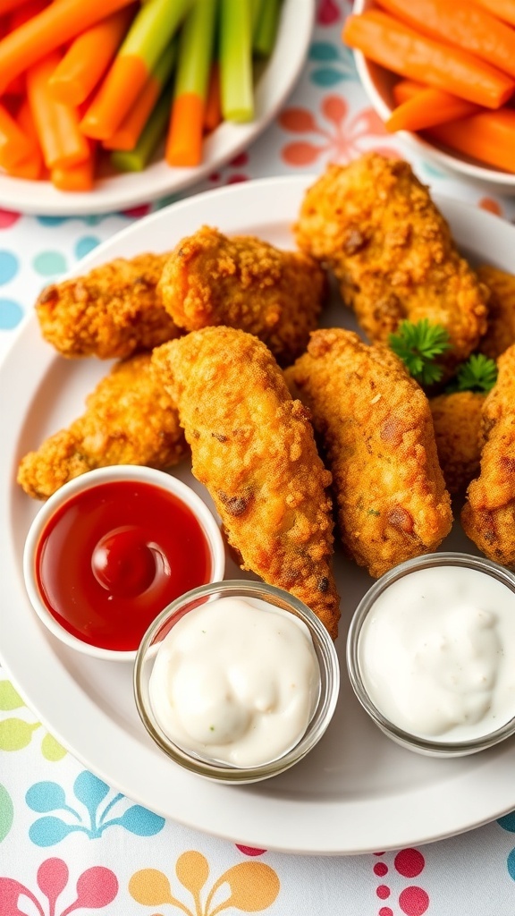 Easy Air Fryer Chicken Tenders for Kids Crispy air fryer chicken tenders on a plate with dipping sauces and fresh vegetables.